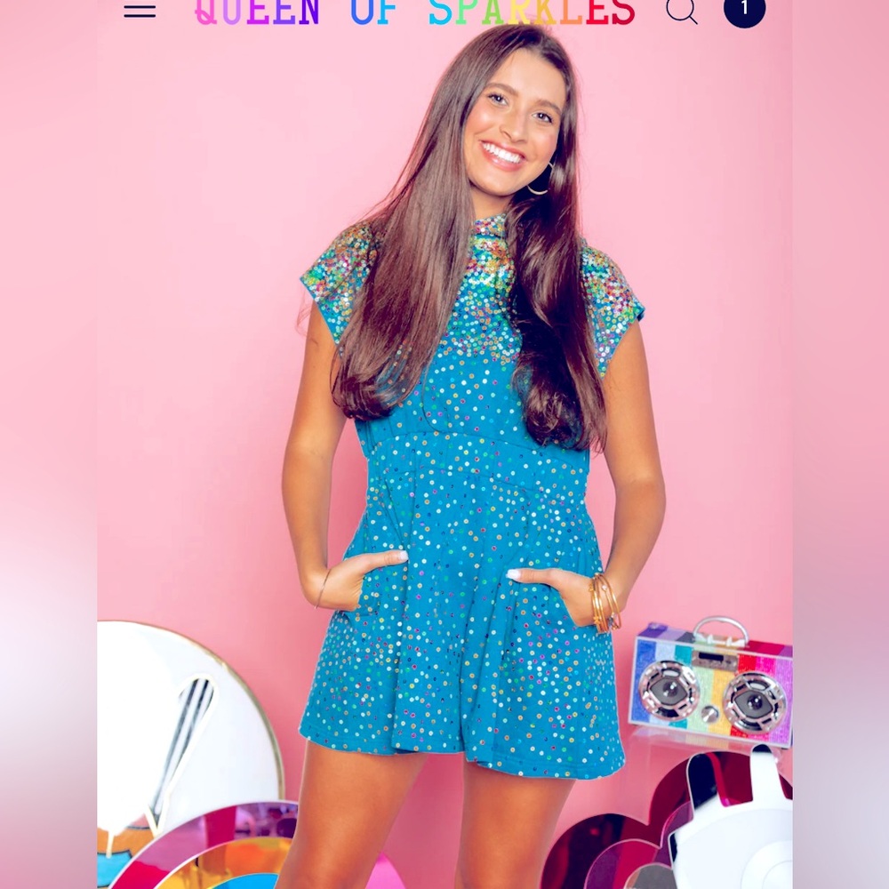 NWOT Queen of sparkles size Medium teal & rainbow hoody  sequin scattered dress